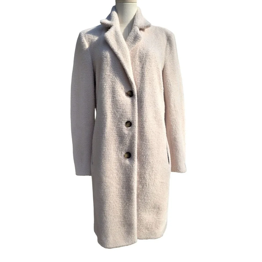 DKNY Overcoat Womens Medium Pink Chevron Notched Lapel Coat